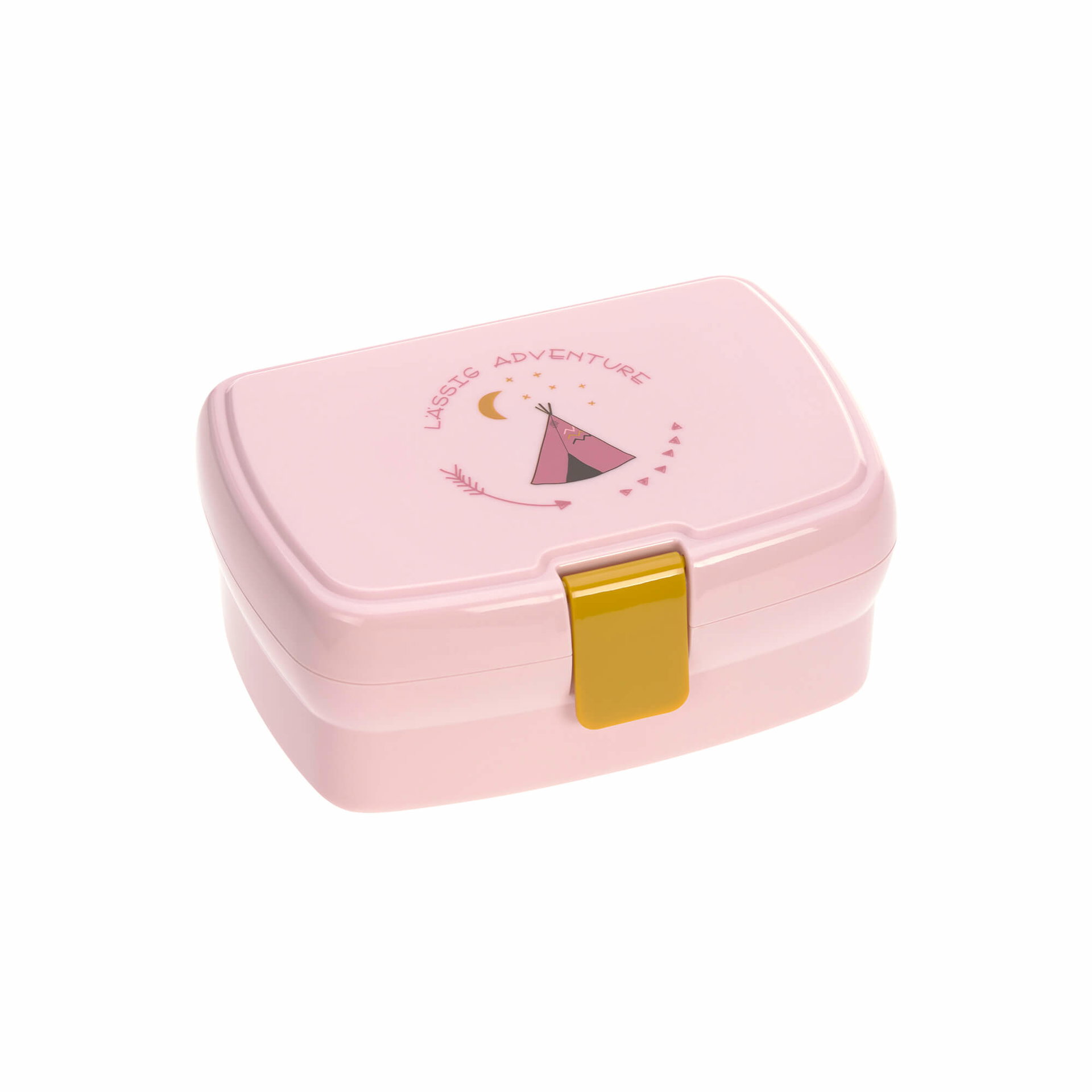 Brotdose, Kunststoff, Rosa, gelber Verschluss, Campingmotiv