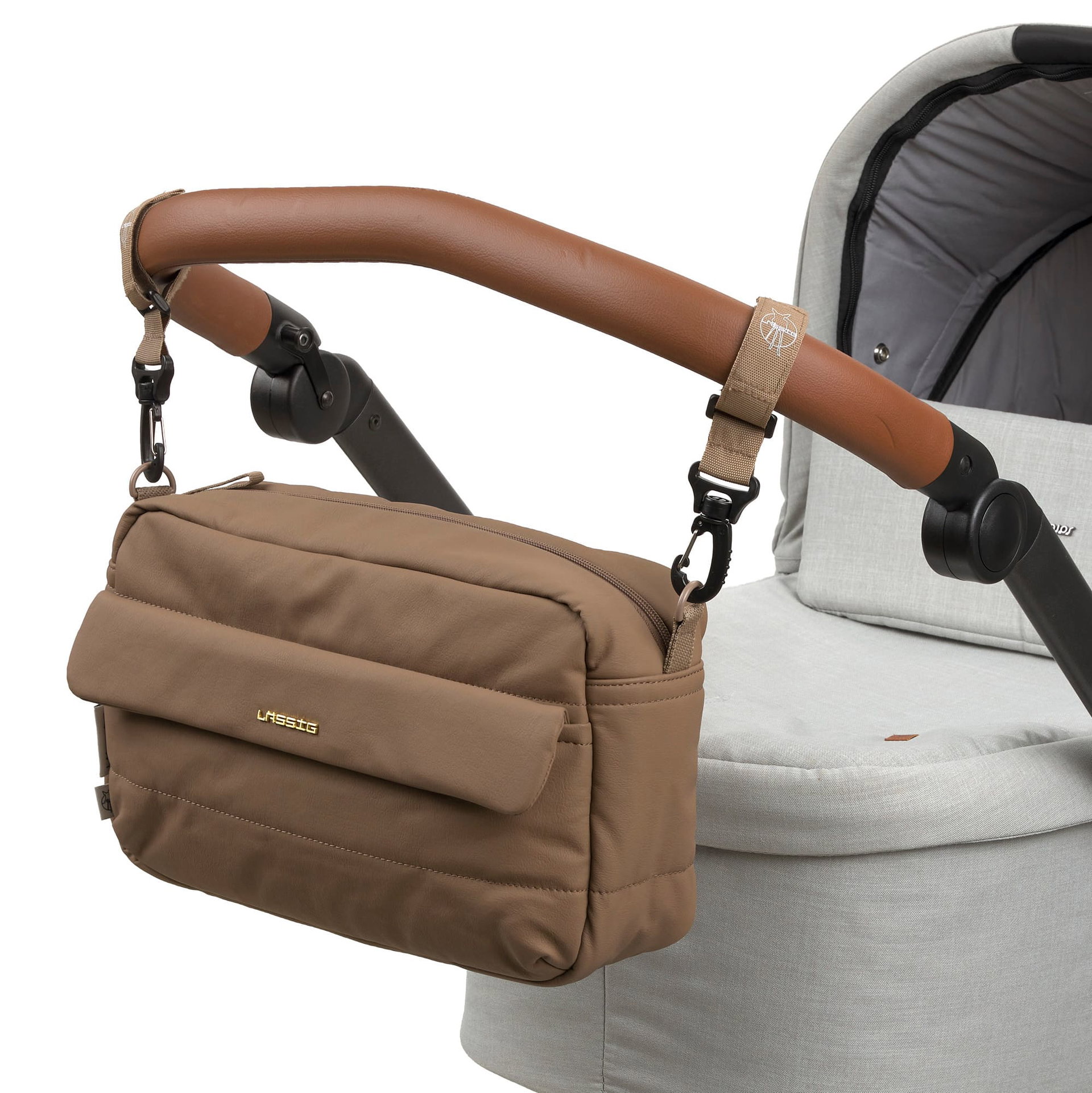 Wickeltasche, Kinderwagenklemme, bräunlich, Gurtband, Kopf-/Stilltasche