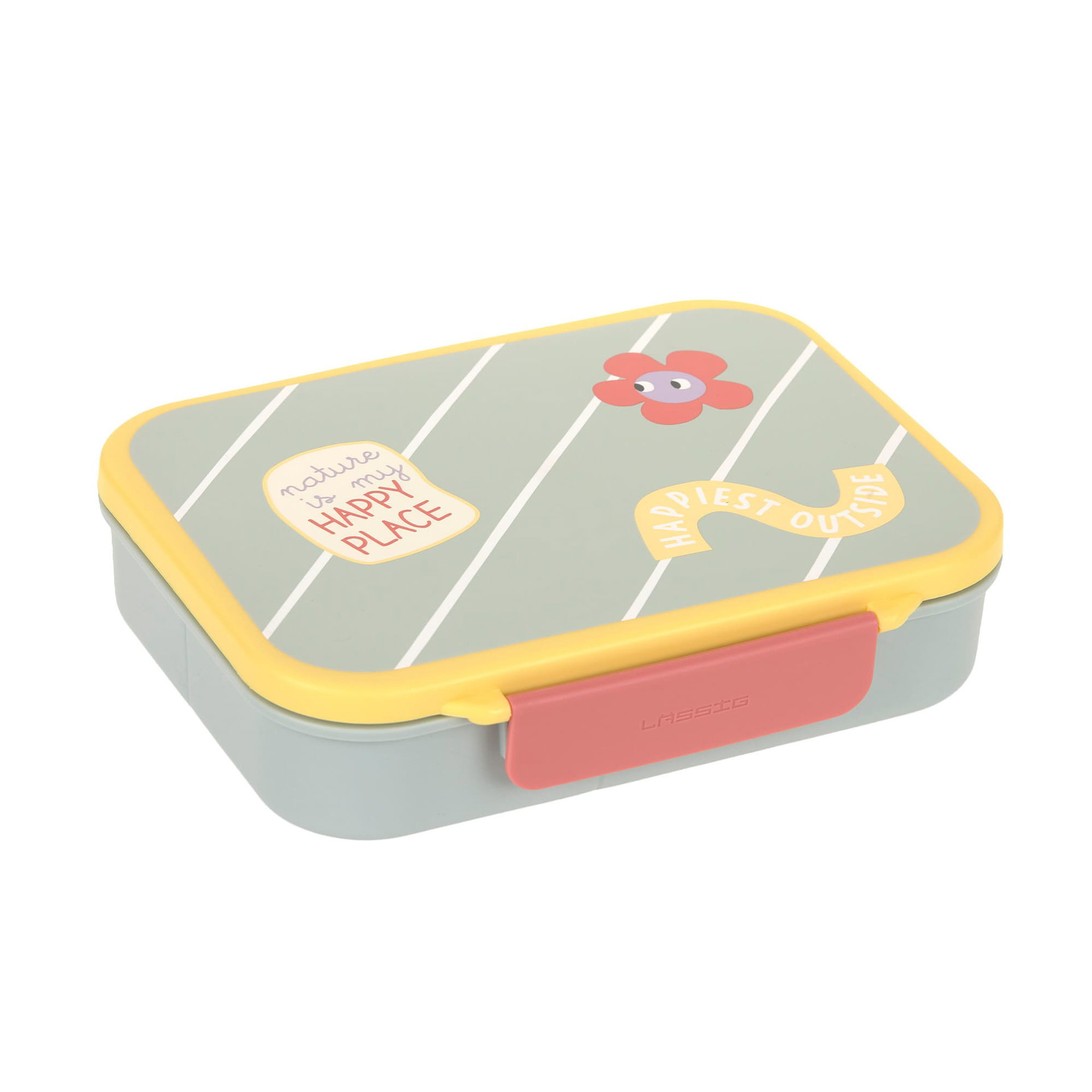 lunchbox, kinder, plastik, grau, gelb, rosa, muster, blume, verschluss