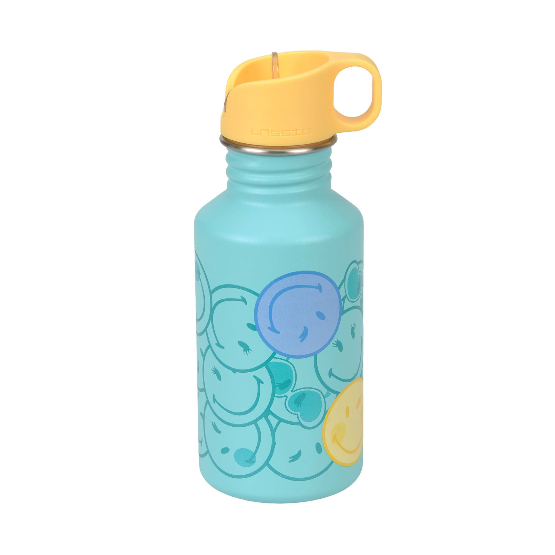 Trinkflasche, Edelstahl, Türkis, Gelber Trinkverschluss, Smiley-Muster