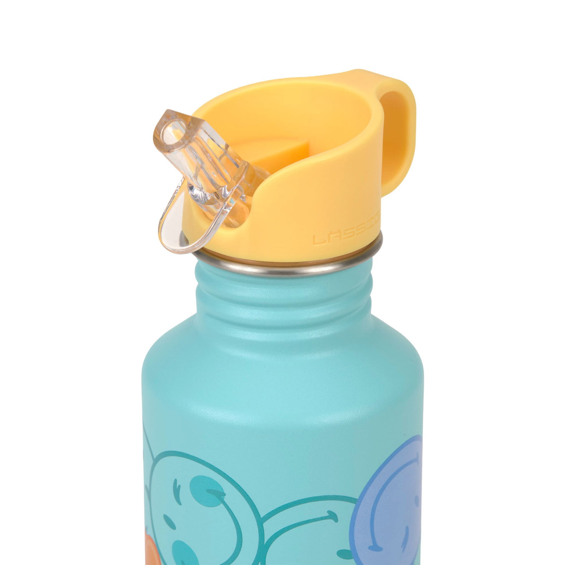 Trinkflasche, Kunststoff, türkis, gelber Deckel, Trinkhalm