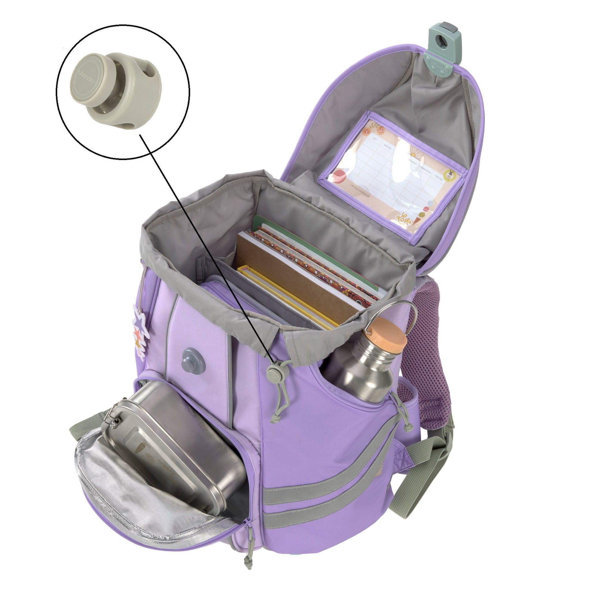 Schulrucksack, lila, Reflektorstreifen, Trinkflaschenfach, Brotdosenfach