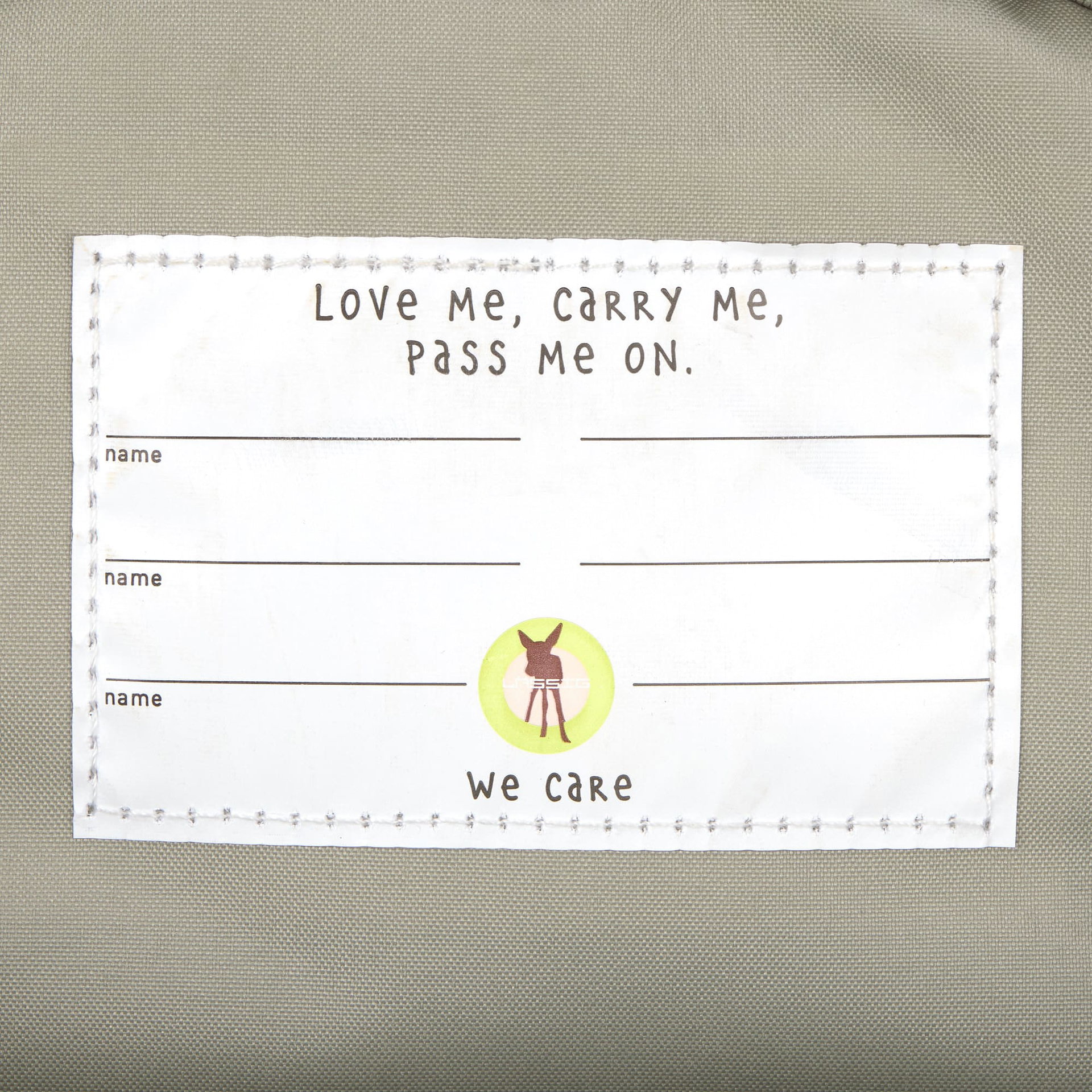 tag, Labels, We care, Love Me, Carry Me, pass me on