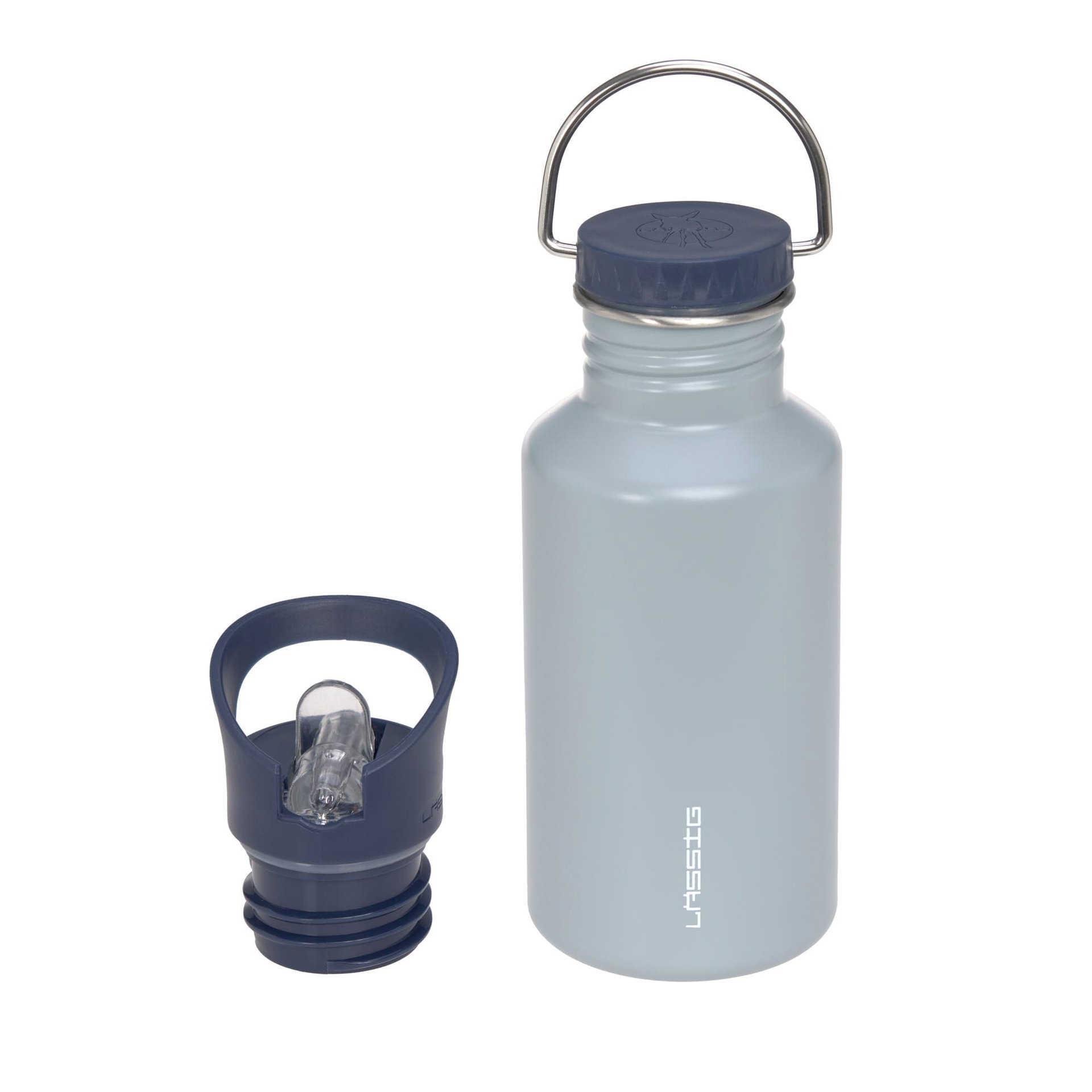 Trinkflasche, Edelstahl, Hellblau, Metallgriff, Trinkaufsatz