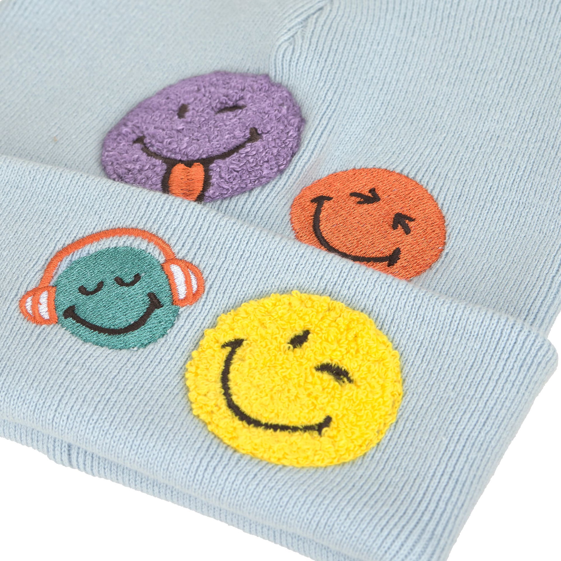 emoji, smiley patches, embroidered patches, blue knit, multicolor