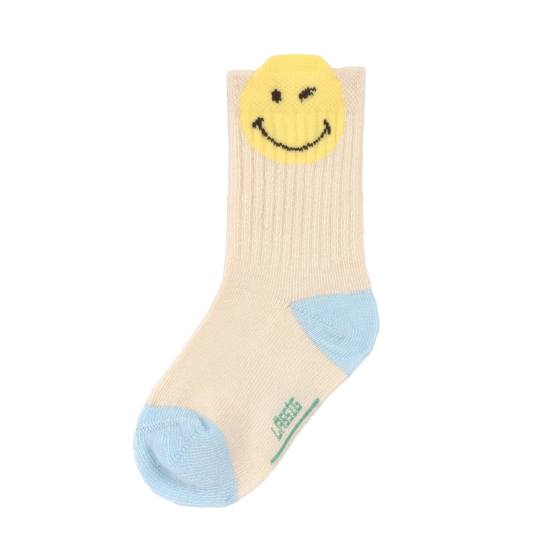 Socken, Kindersocken, Smileygemuster, Beige, Blaue Spitze