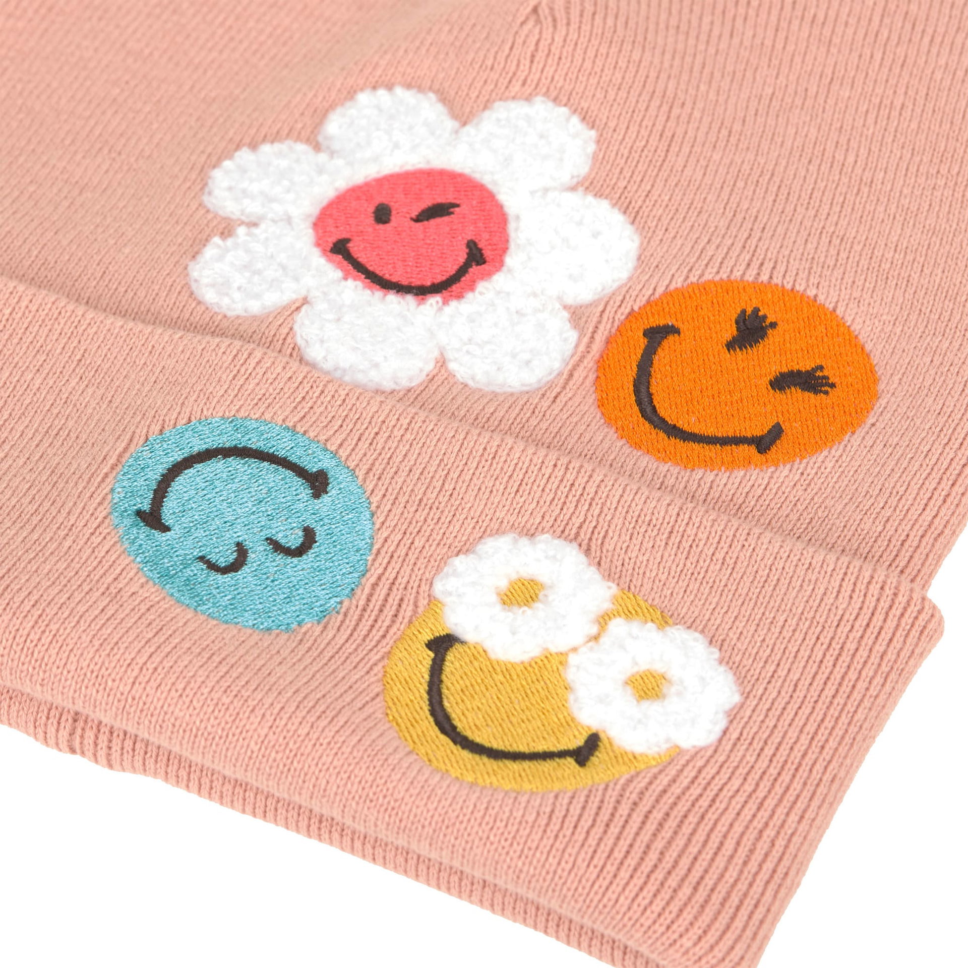 Emoticon-Aufnäher, Wortlose Smileys, Rosa Stoff, Flauschige Applikationen, Kuscheliges Muster