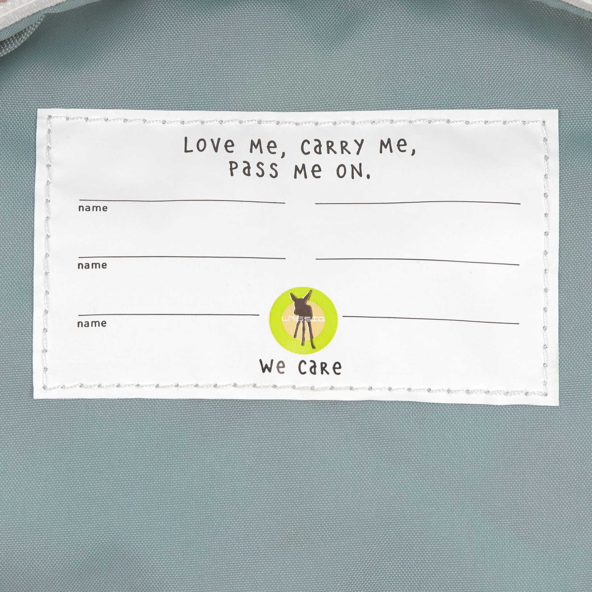 patch, label, name tag, we care, green circle