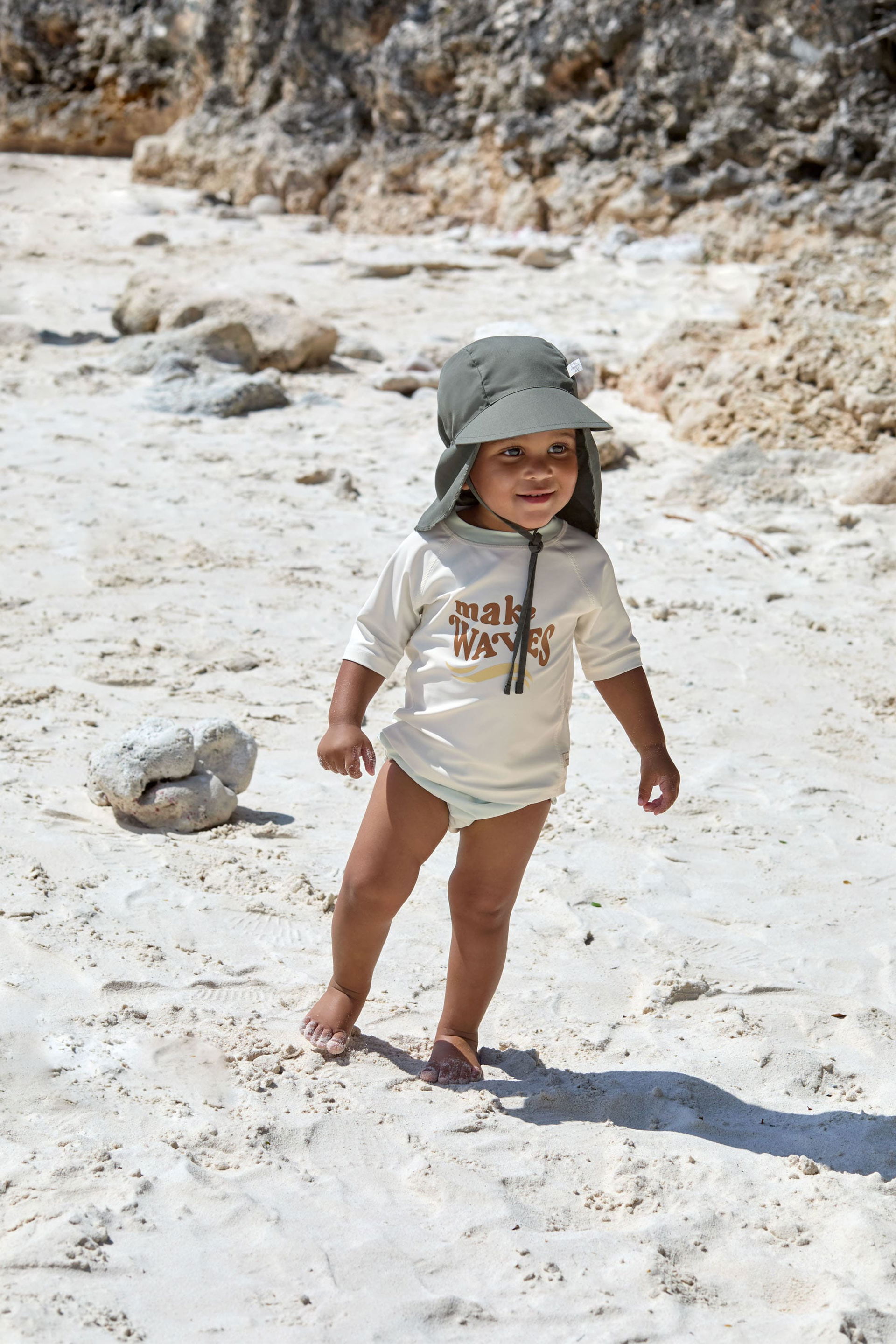 T-shirt de bains à manches courtes enfants (anti-UV) Vagues, écru