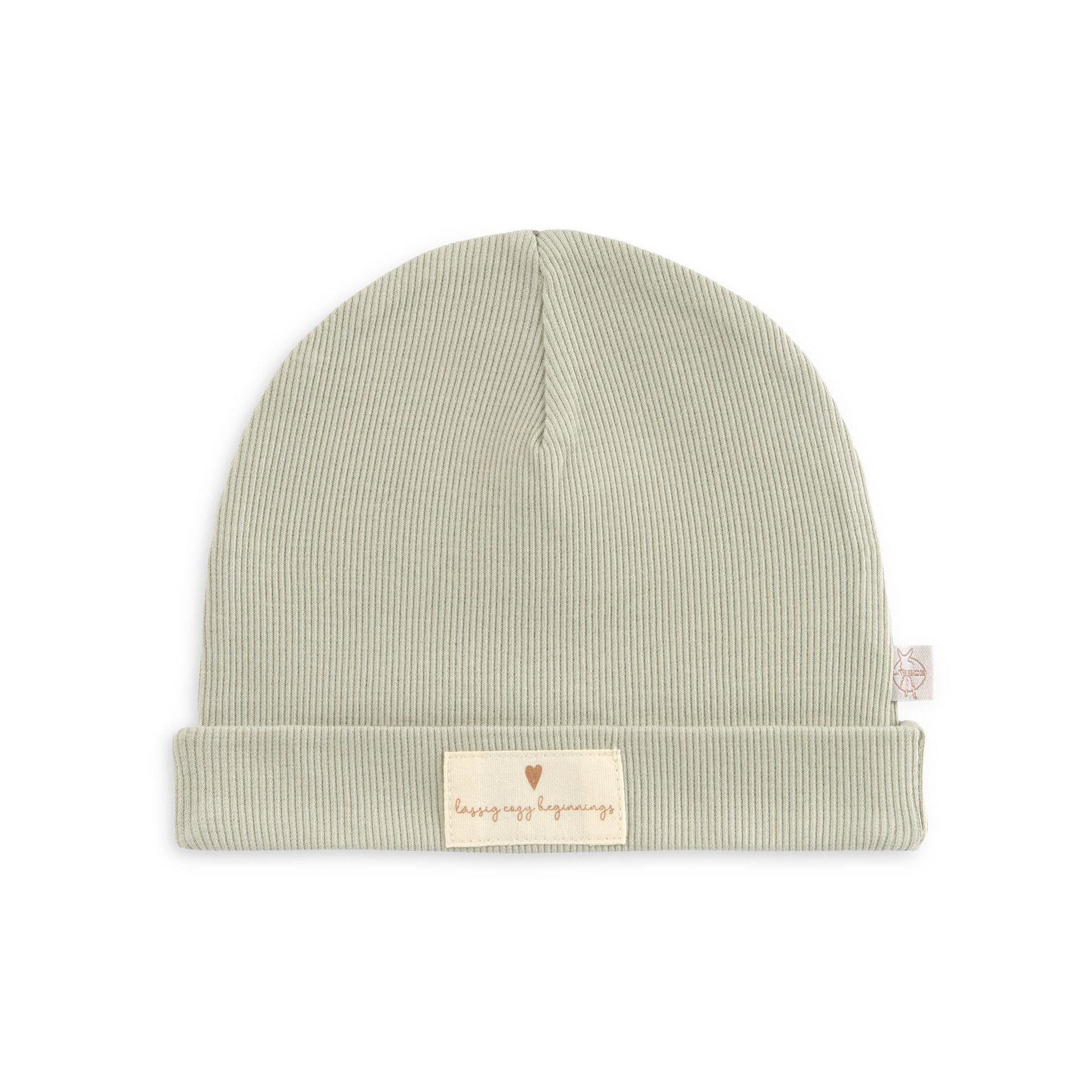 Beanie, Wintermütze, Gestrickt, Beige, Umgeschlagene Bündchen, Mütze, Rippstrick, Salbeigrün, Umschlagrand