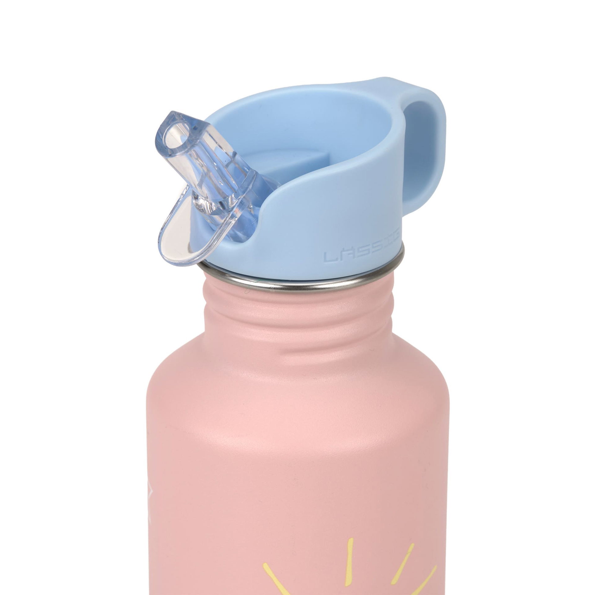Trinkflasche, rosa Edelstahl, hellblauer Deckel, Trinkhalm, Tragegriff