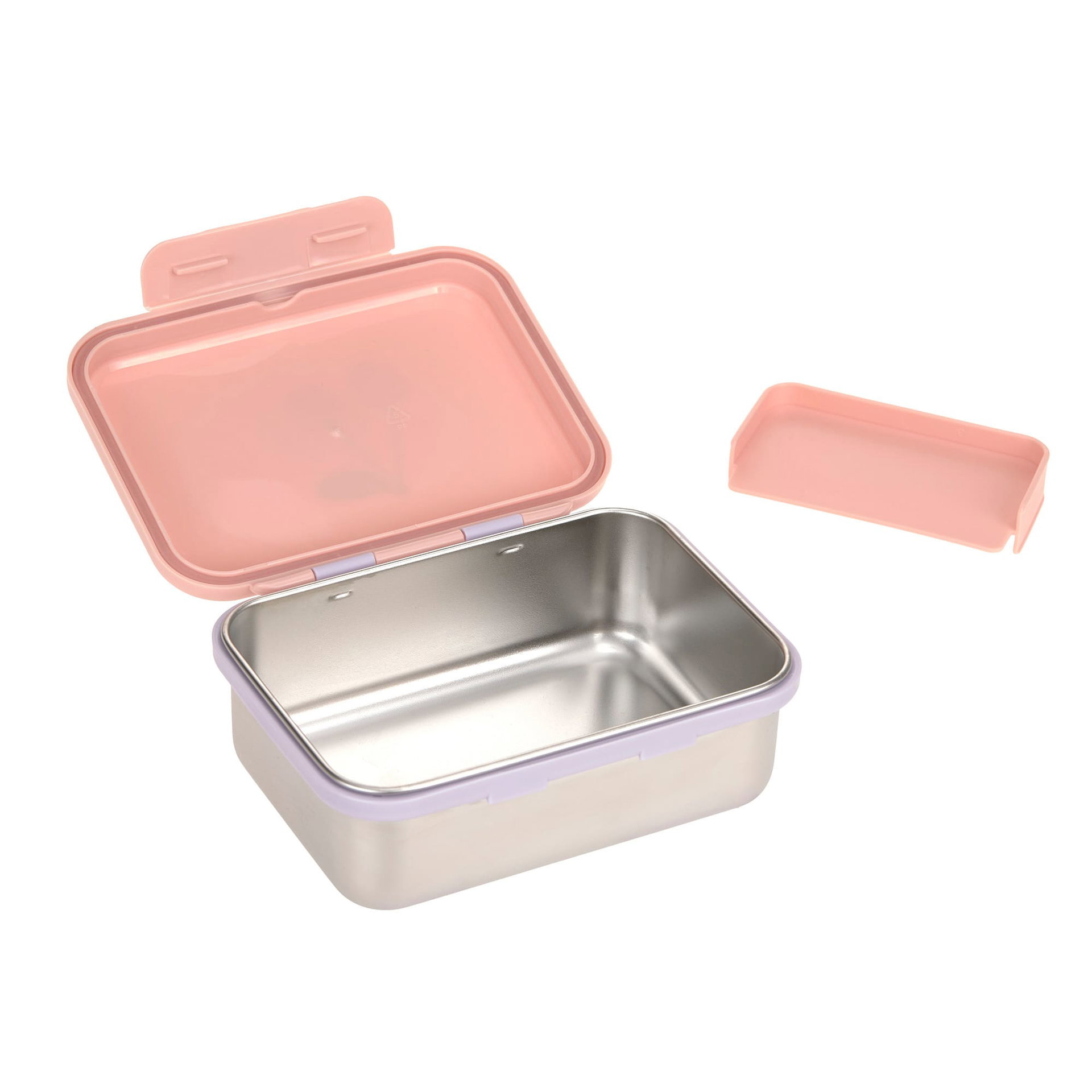 Lunchbox, Metallbehälter, rosa Deckel, Verschluss mit Clips, kompakt
