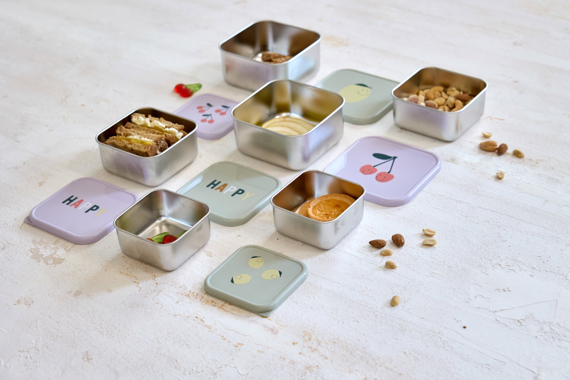 Snackbox Kinder (3er Set) - Edelstahl Brotdose, Happy Fruits, Kirsche