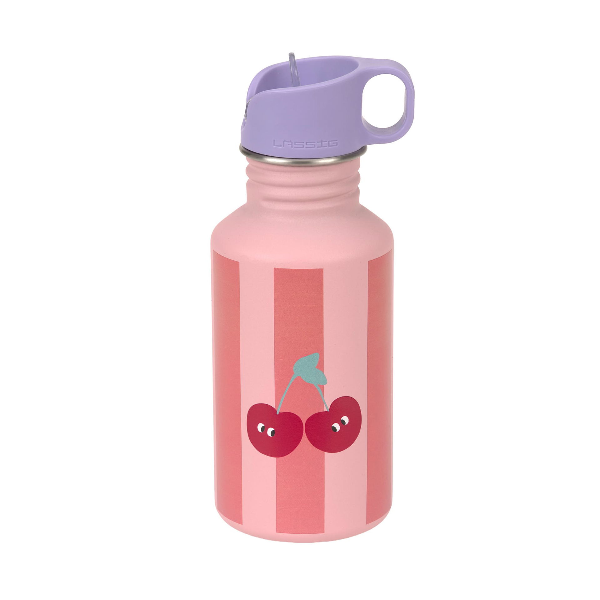 Trinkflasche, Aluminium/Metall, Kirschen-Print, Rosa, Lila Deckel