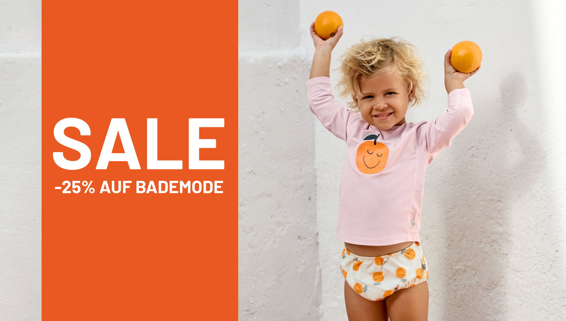 Kinder, Bademode, Shorts, Orangen-Print, Rosa Langarmshirt