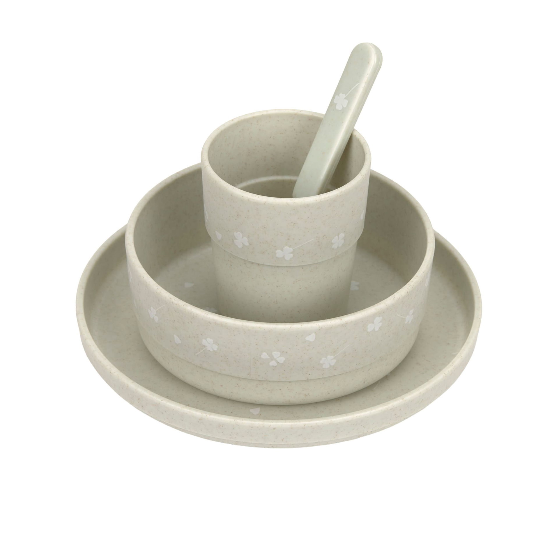 Geschirrset, Teller, Schüssel, Becher mit Löffel, Blumenmuster