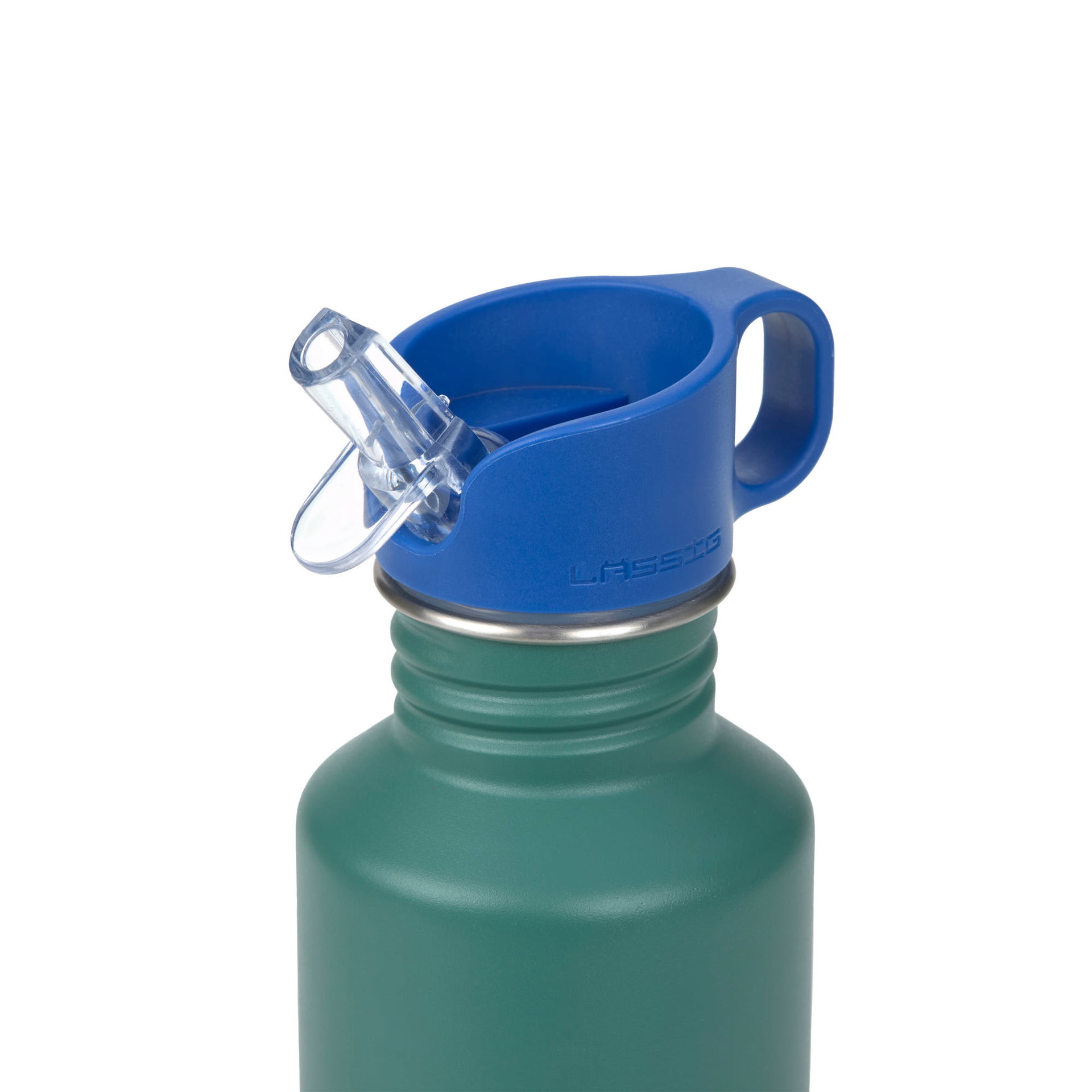 Trinkflasche, grün, blauer Deckel, Trinkhalm, Griff