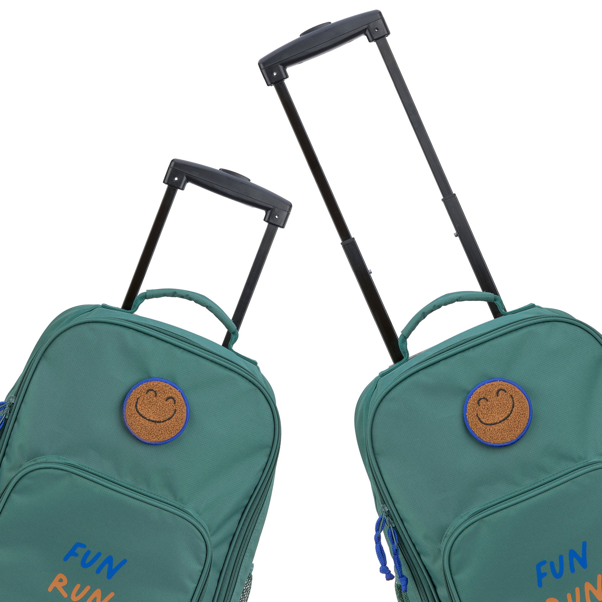 trolley, Reisegepäck, grüner Beutel, Smiley-Abzeichen, Schultasche