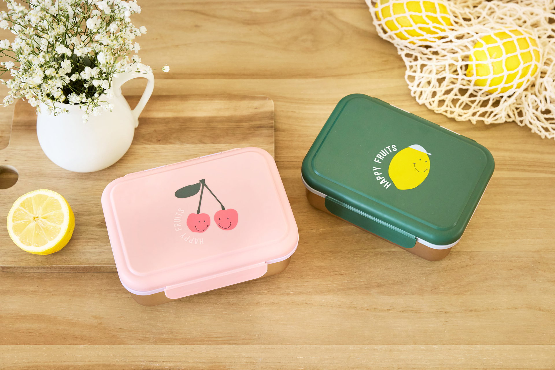 Lunchbox, Bento, Trinkhalt, Fruchtmotiv, Rosa Behälter