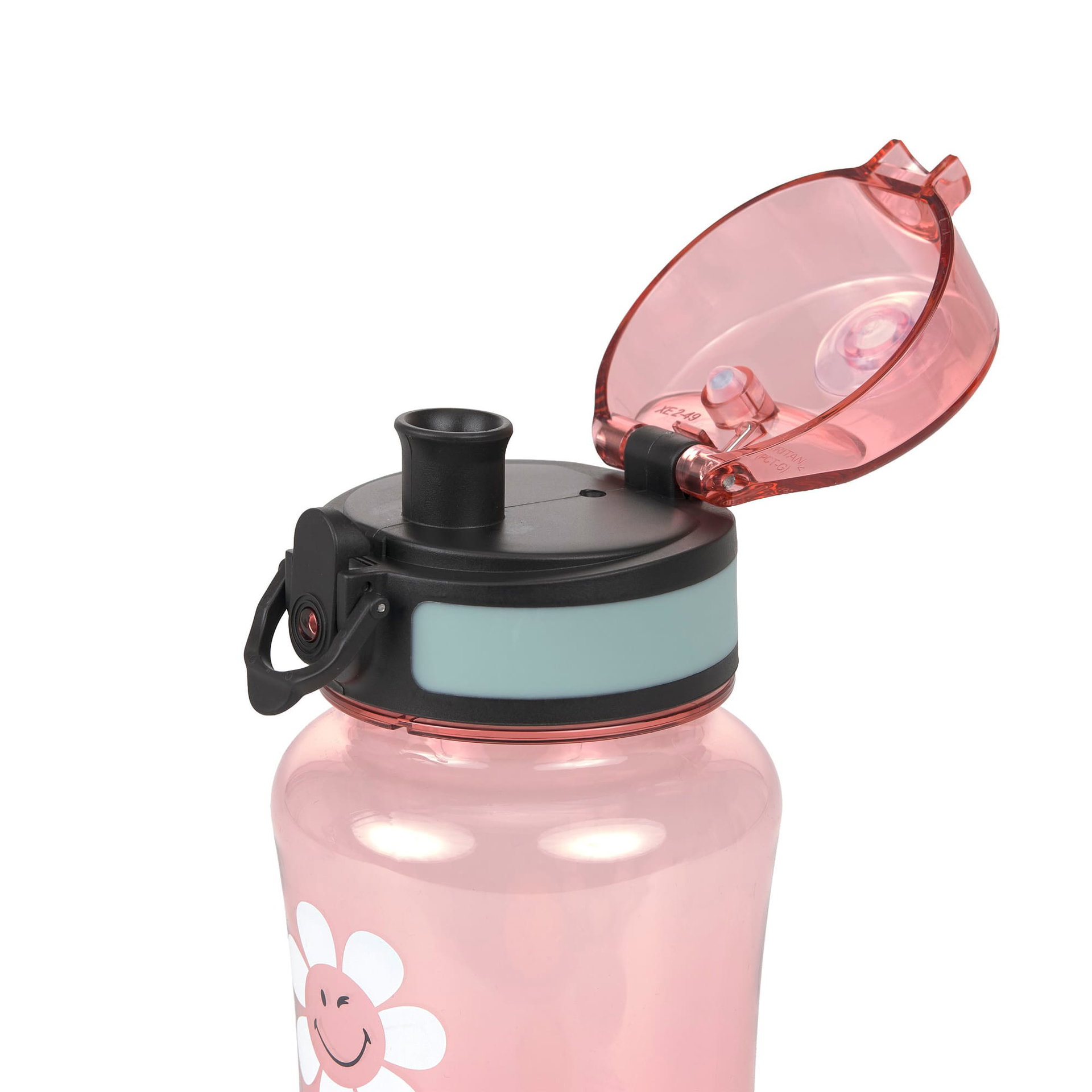  Trinkflasche, rosafarbene Flasche, Blumenmotiv, Deckel mit Trinkverschluss, Schulter-/Tragegriff 