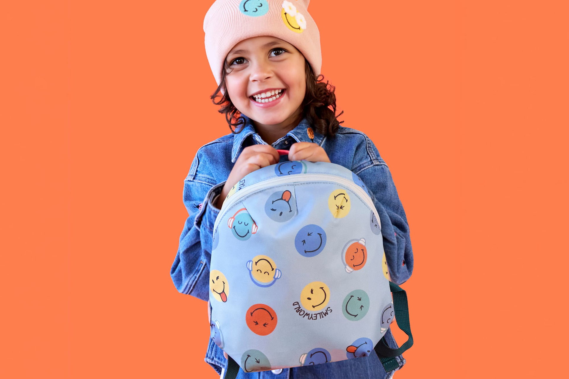 Rucksack, Kinder, Emoji Muster, Hellblau, Denimjacke