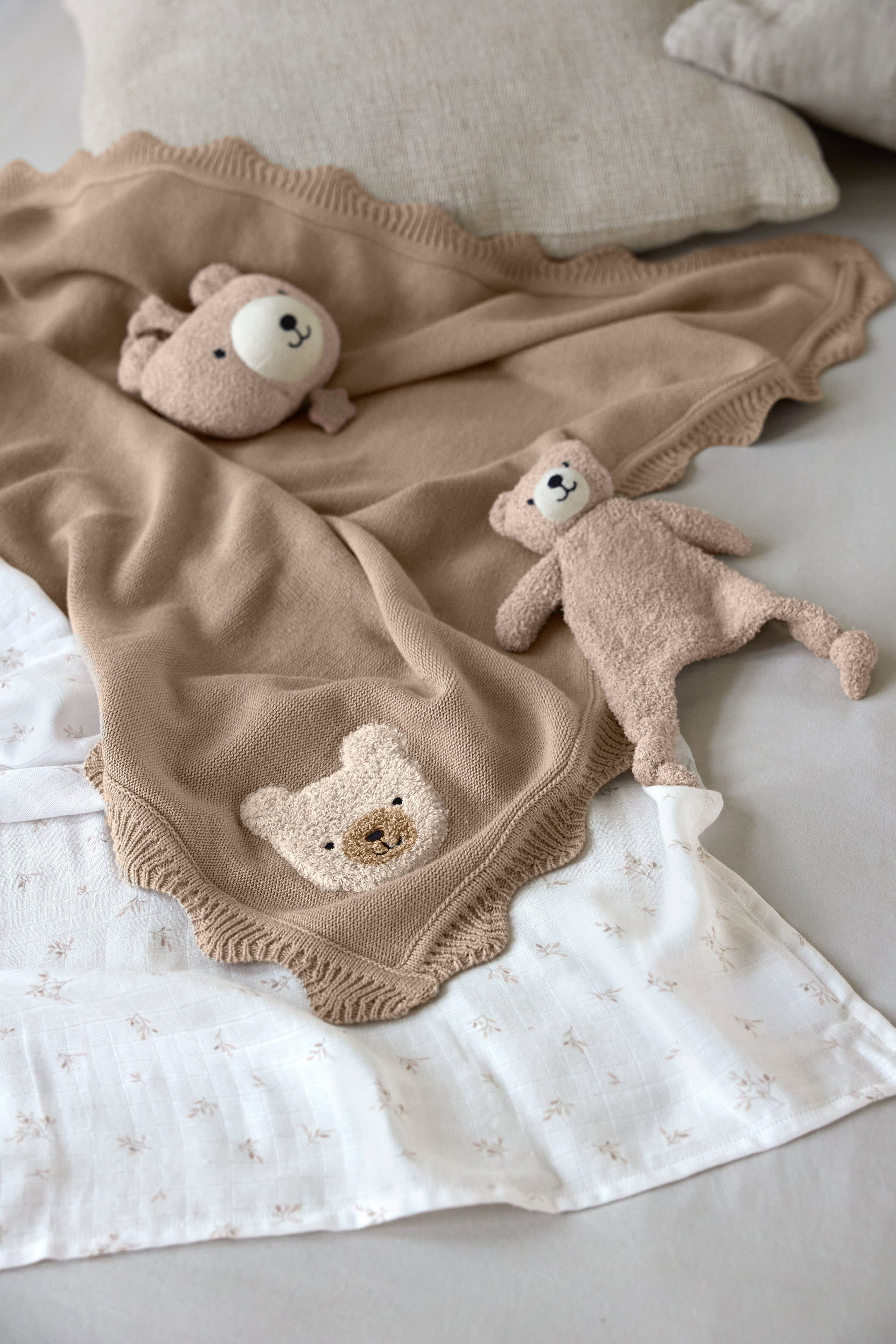 Babydecke, Strickdecke, Teddy-Applikation, Beige, Weiches Gewebe