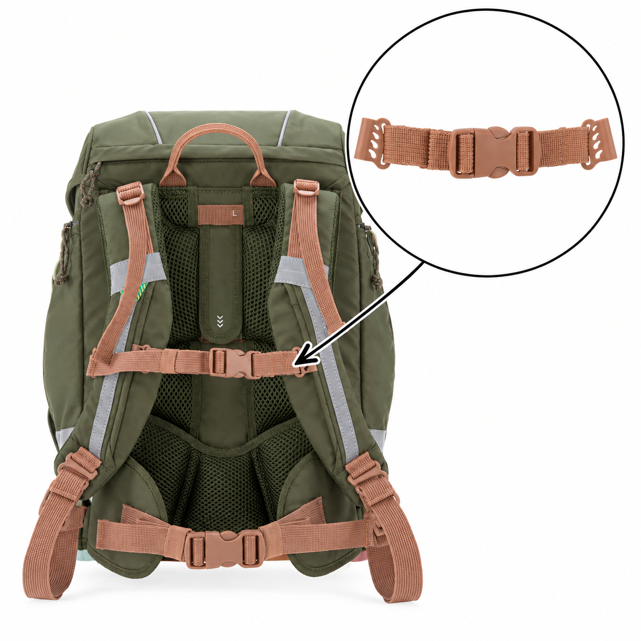 Wanderrucksack, olivgrün, Netzrücken, Brustgurt, Hüftgurt