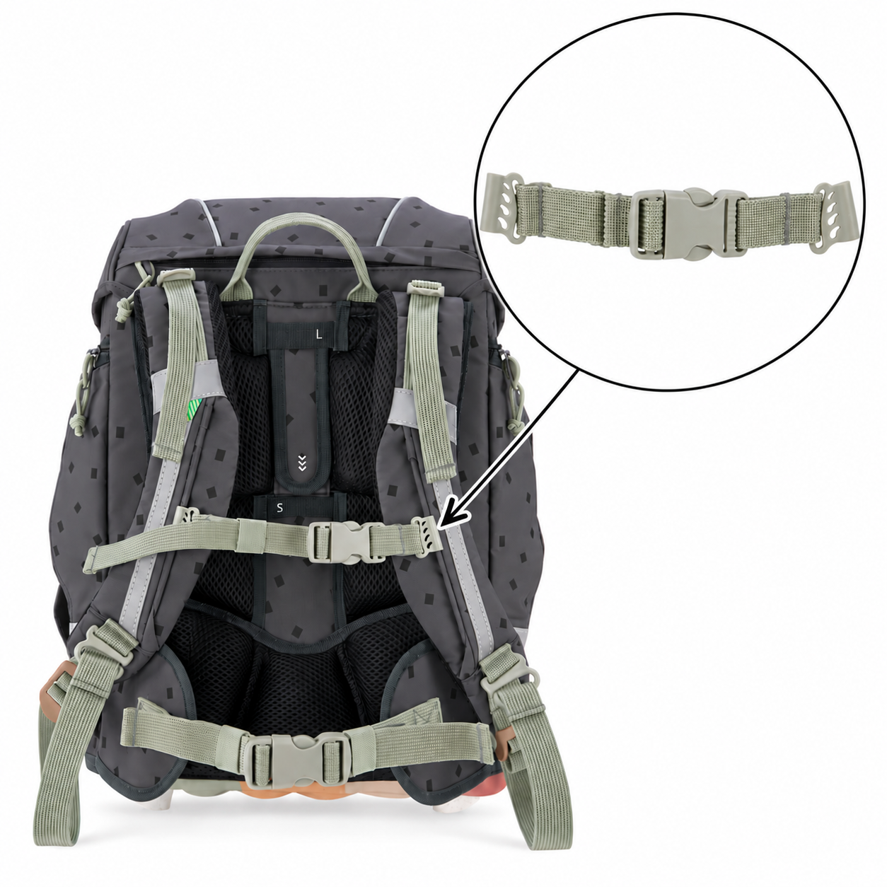 Rucksack, Grau, Geometriemuster, Gepolsterte Rückenpartie, Brustgurt mit Schnalle