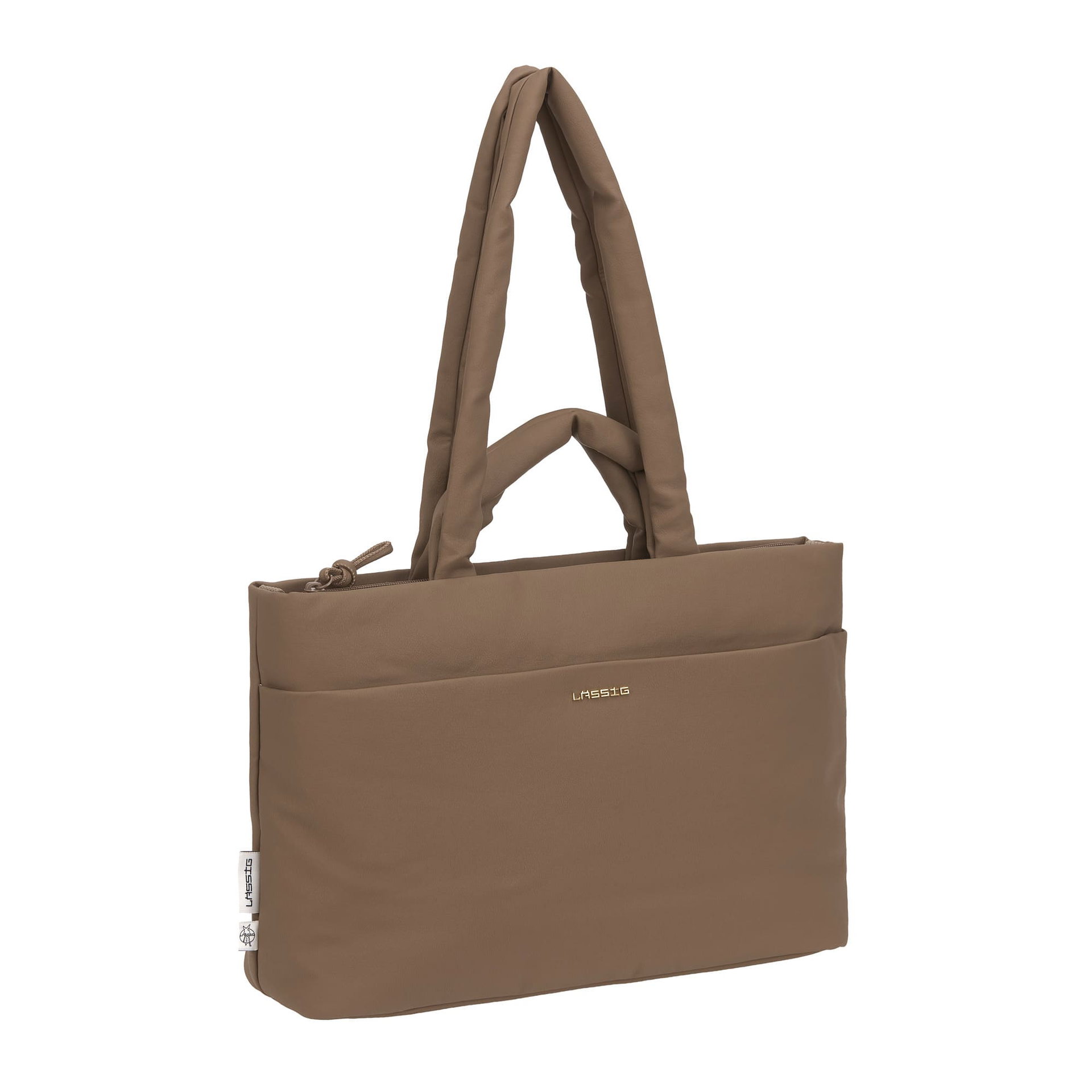 Tasche, Tasche Henkeltasche, Kuriertes Material, Beige Braun, Kleines Logo Akzent