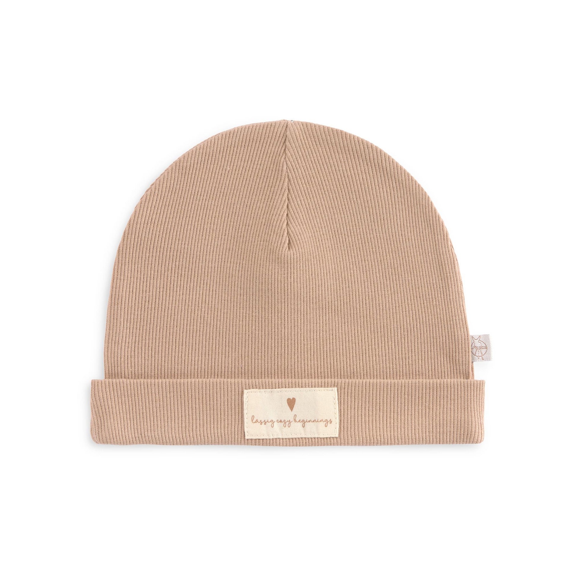 Beanie, Gestrickt, Beige, Umgeschlagene Manschette, Etiketten-Patch, Baby-Mütze, Rippstrick, Beige, Umschlag, Weicher Stoff