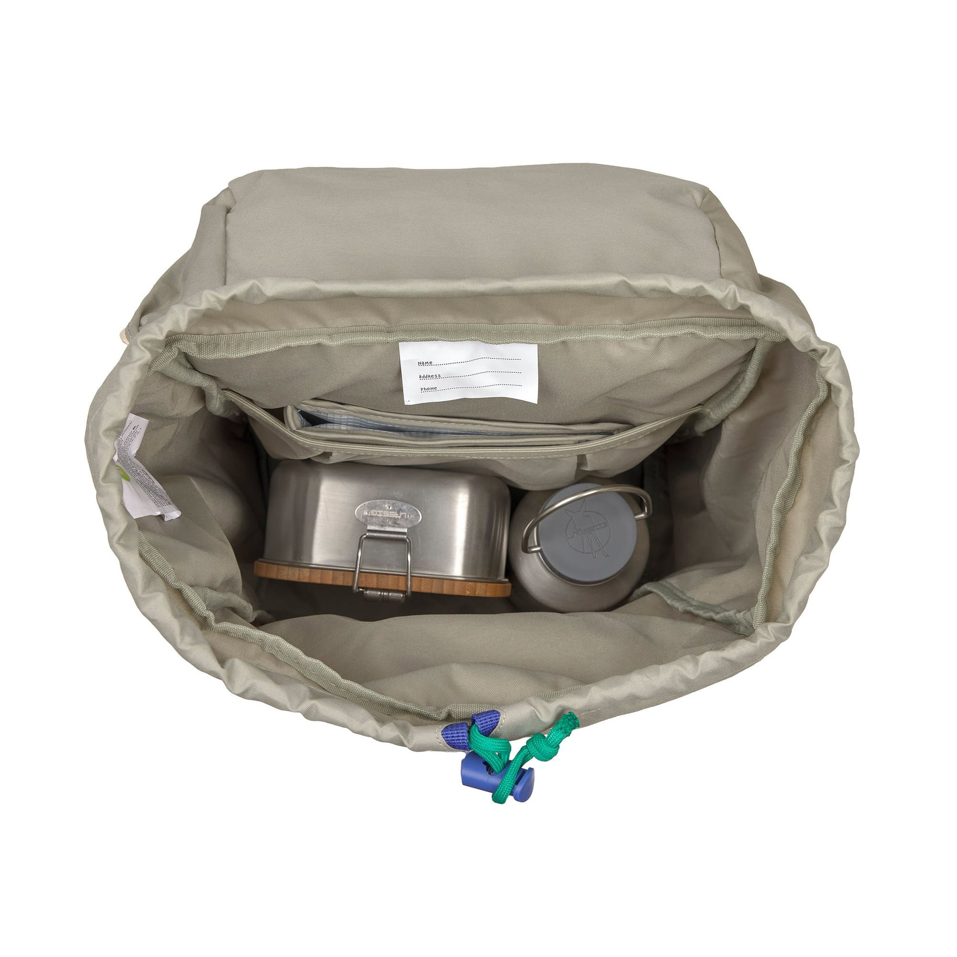 Rucksack Innenraum, Camping Geschirr, Aluminium Tupper, Stainless Steel Mug, Reisebesteck Set