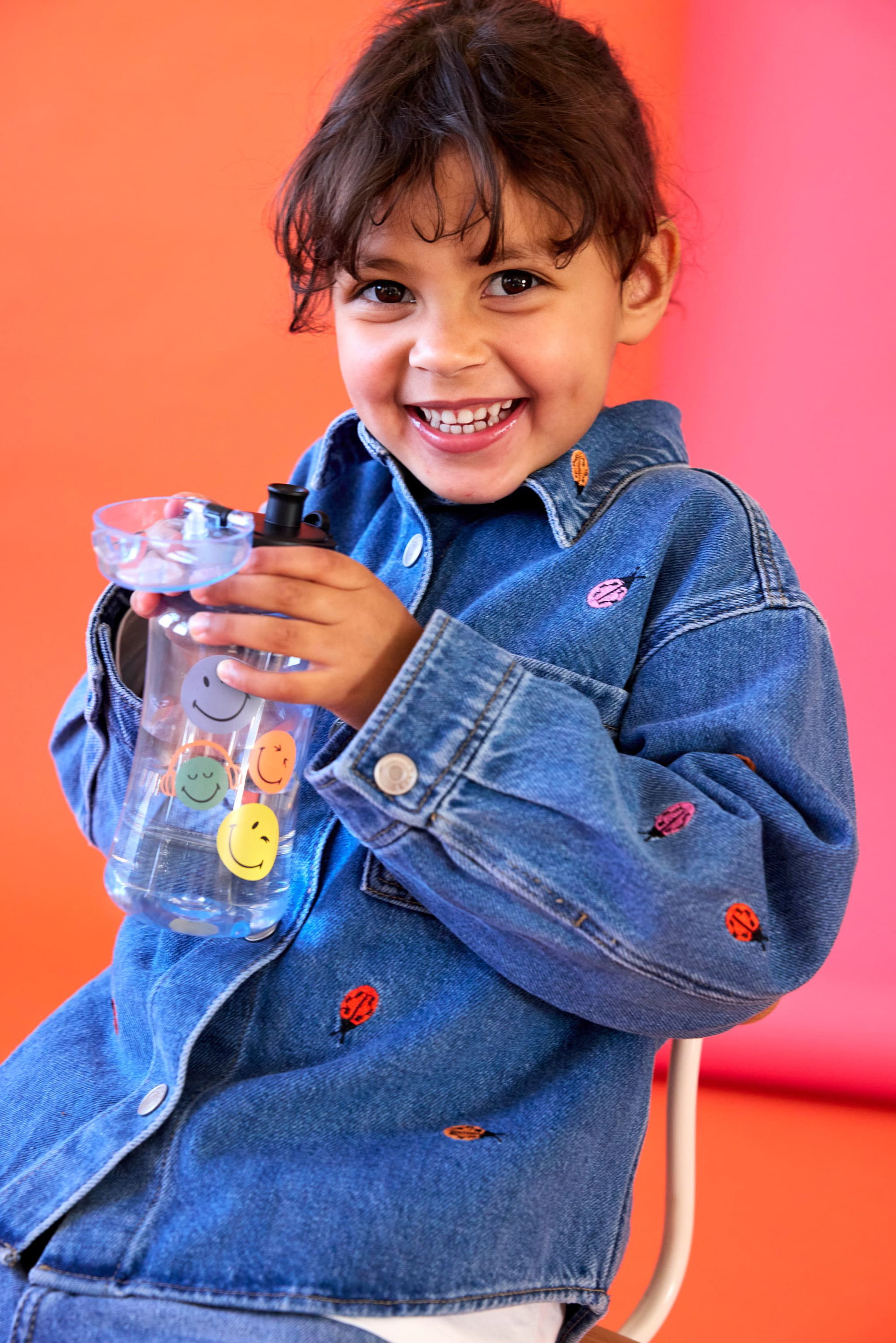 Kinder, Denim-Jacke, Trinkflasche, Smileys, Jeansjacke