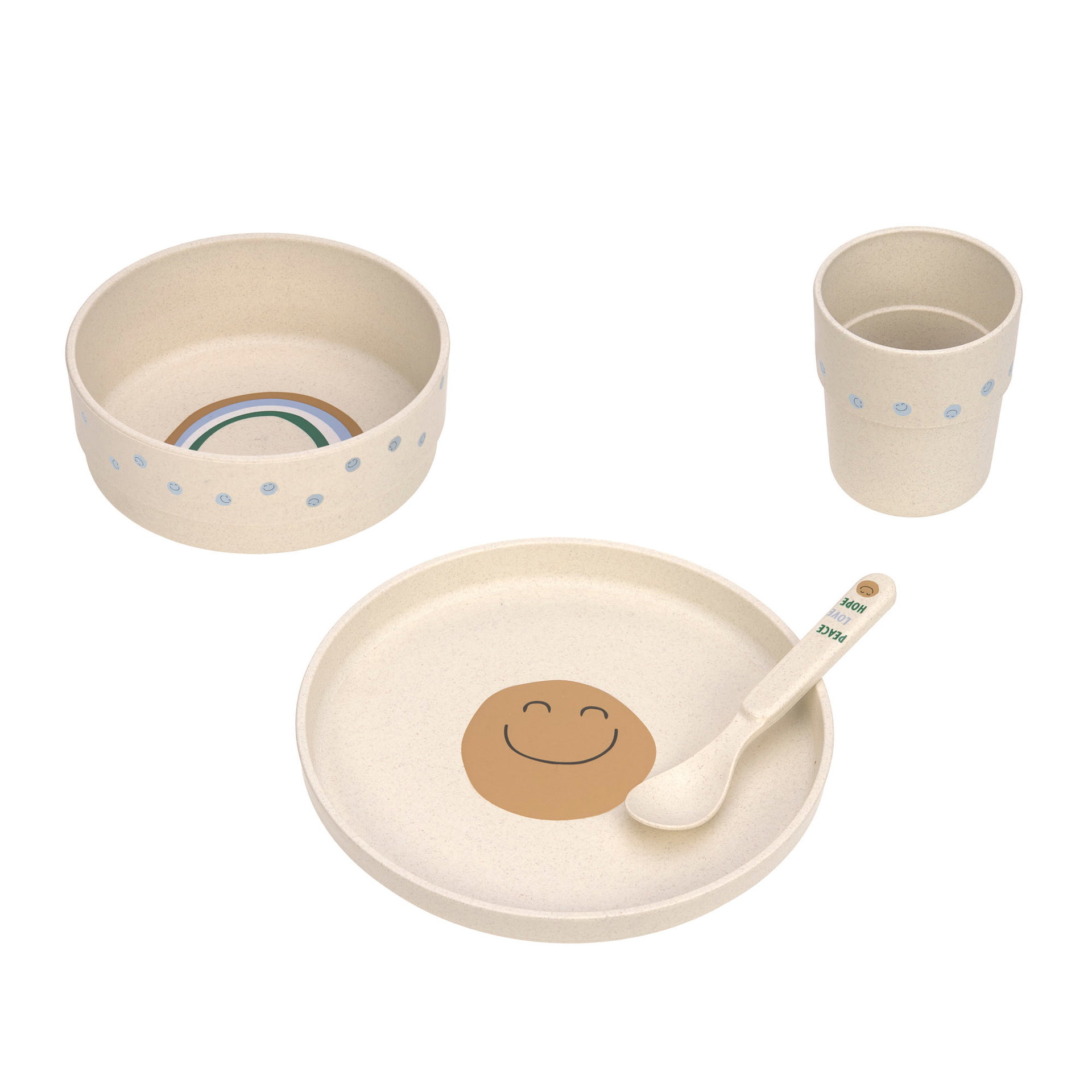 Schüssel, Becher, Teller, Löffel, Geschirrset